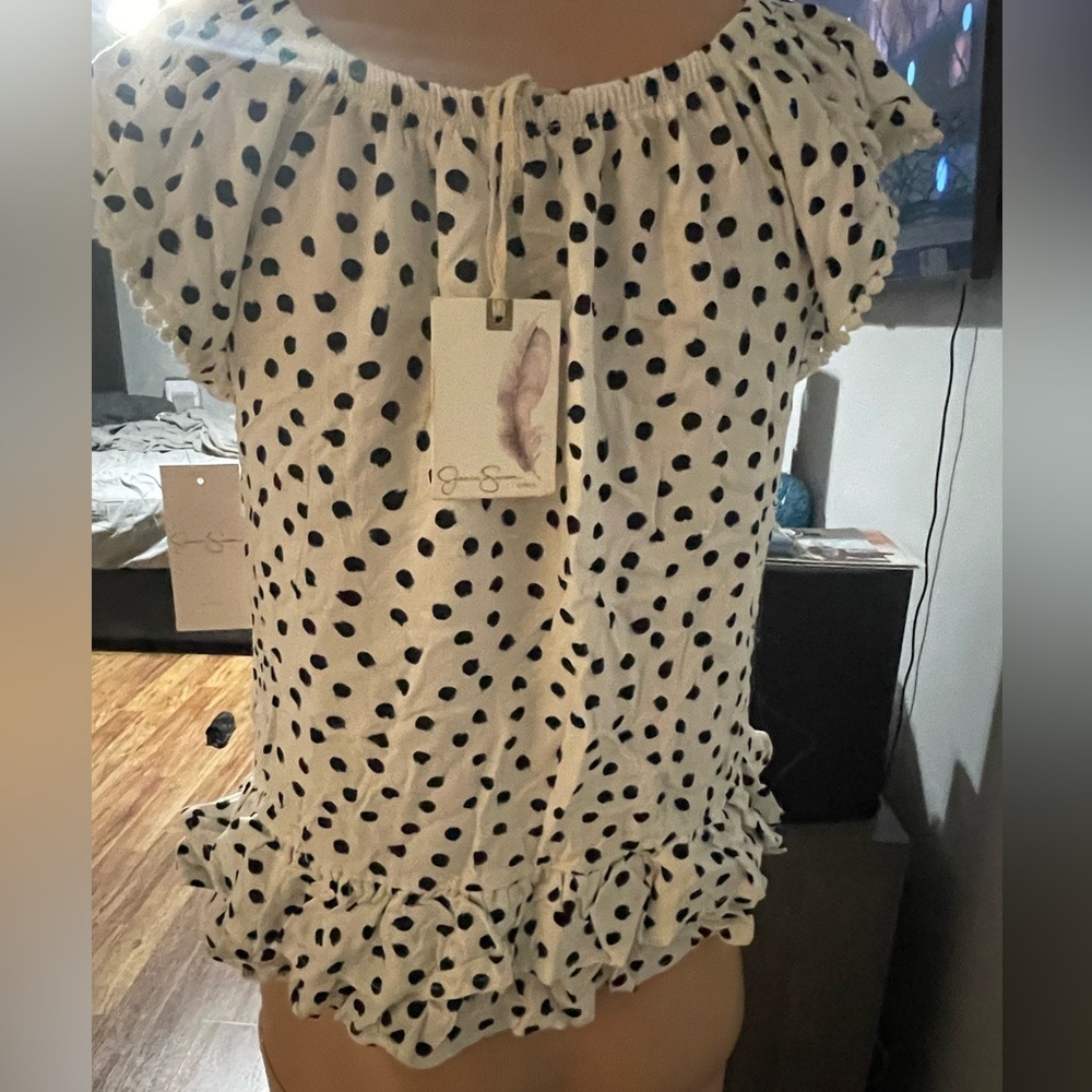 Jessica Simpson Black and White Polka Dot Ruffle Blouse - Picture 2 of 2